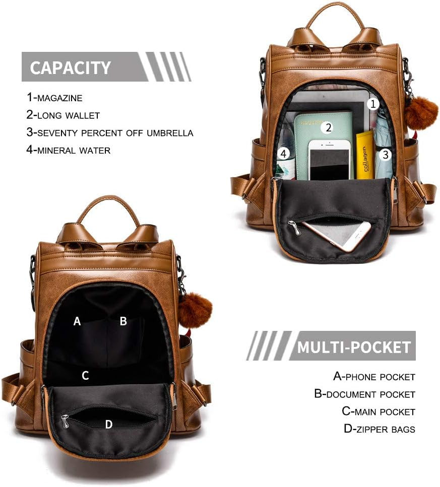 Women's PU Leather Anti-Theft Backpack Purse - Casual Shoulder Bag and Fashion Satchel