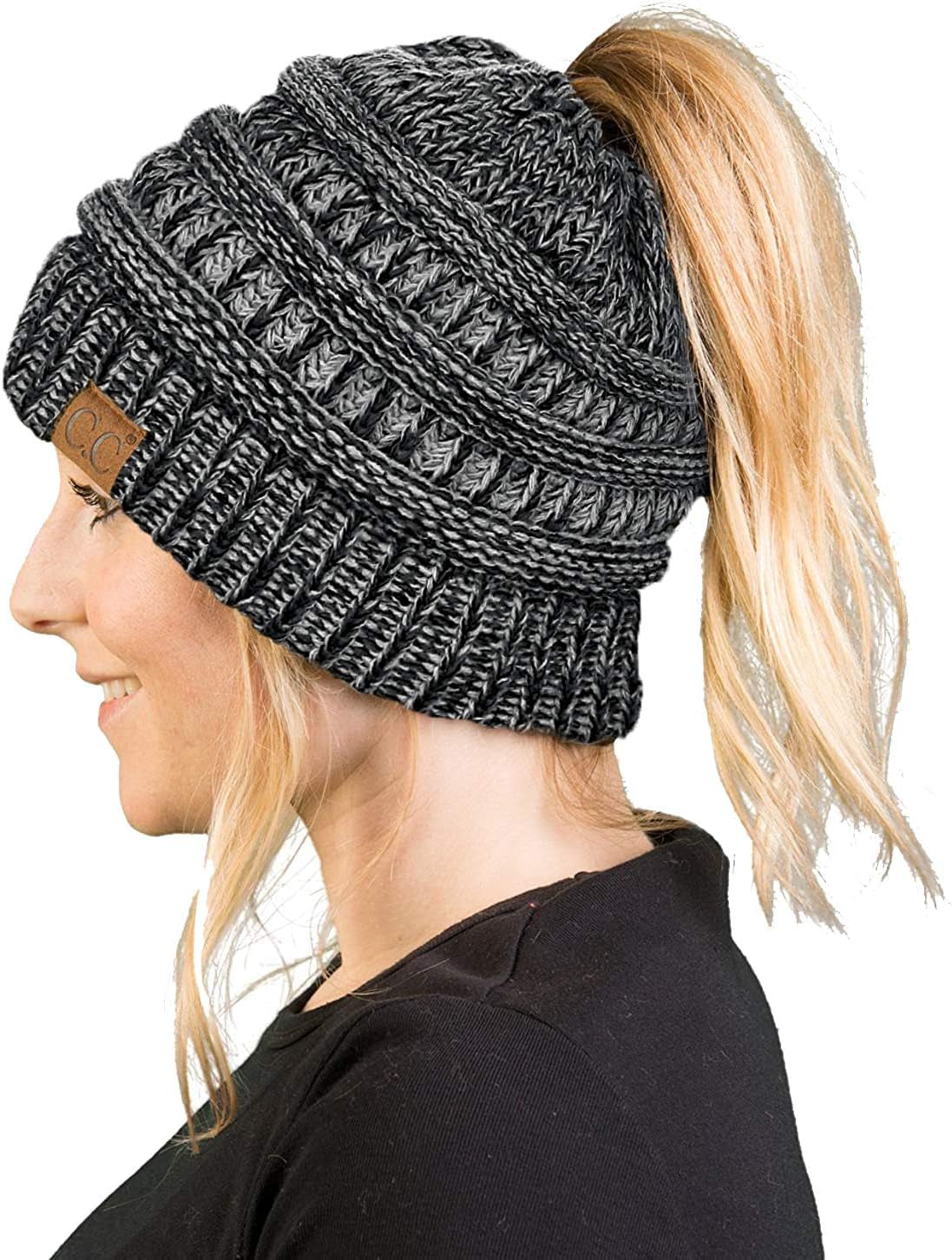 Women's Ponytail Beanie - Soft Ribbed Knit Cap for Messy Buns in Solid, Confetti, and Multi-Tone Styles