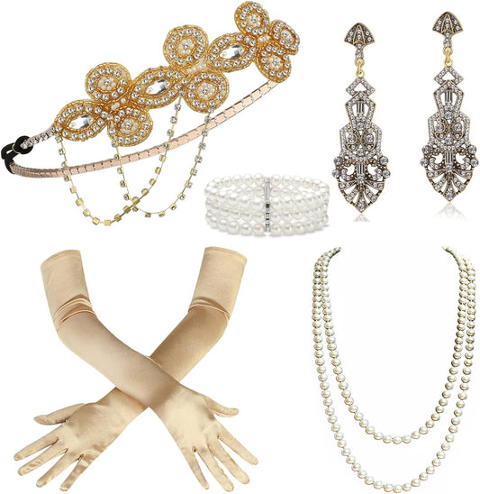 1920s Flapper Costume Accessories Set: Headband, Pearl Necklace, Gloves, and Plastic Holder