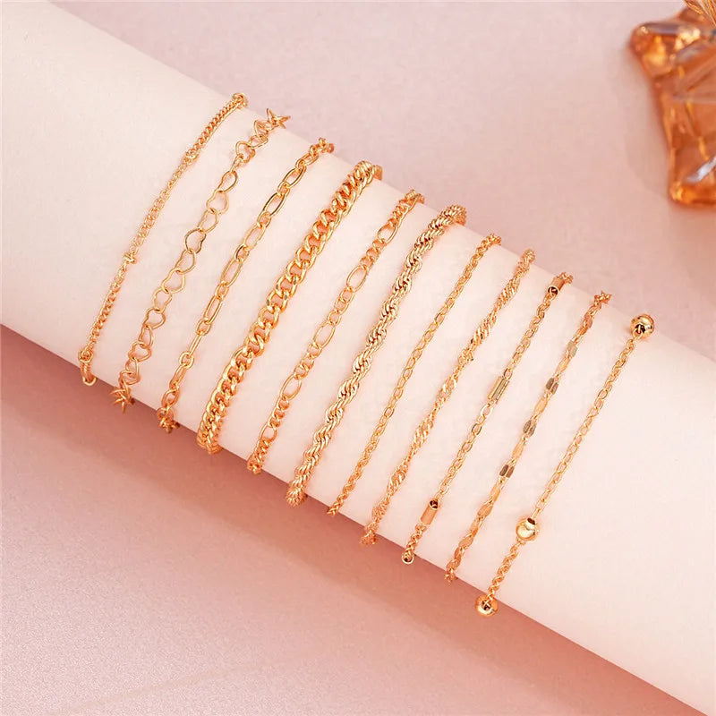 Cuban Chain Bracelet Set for Women, Gold Color, Boho Retro, Thick Twist, Trendy Quality Jewelry Gifts, 11Pcs, 2024